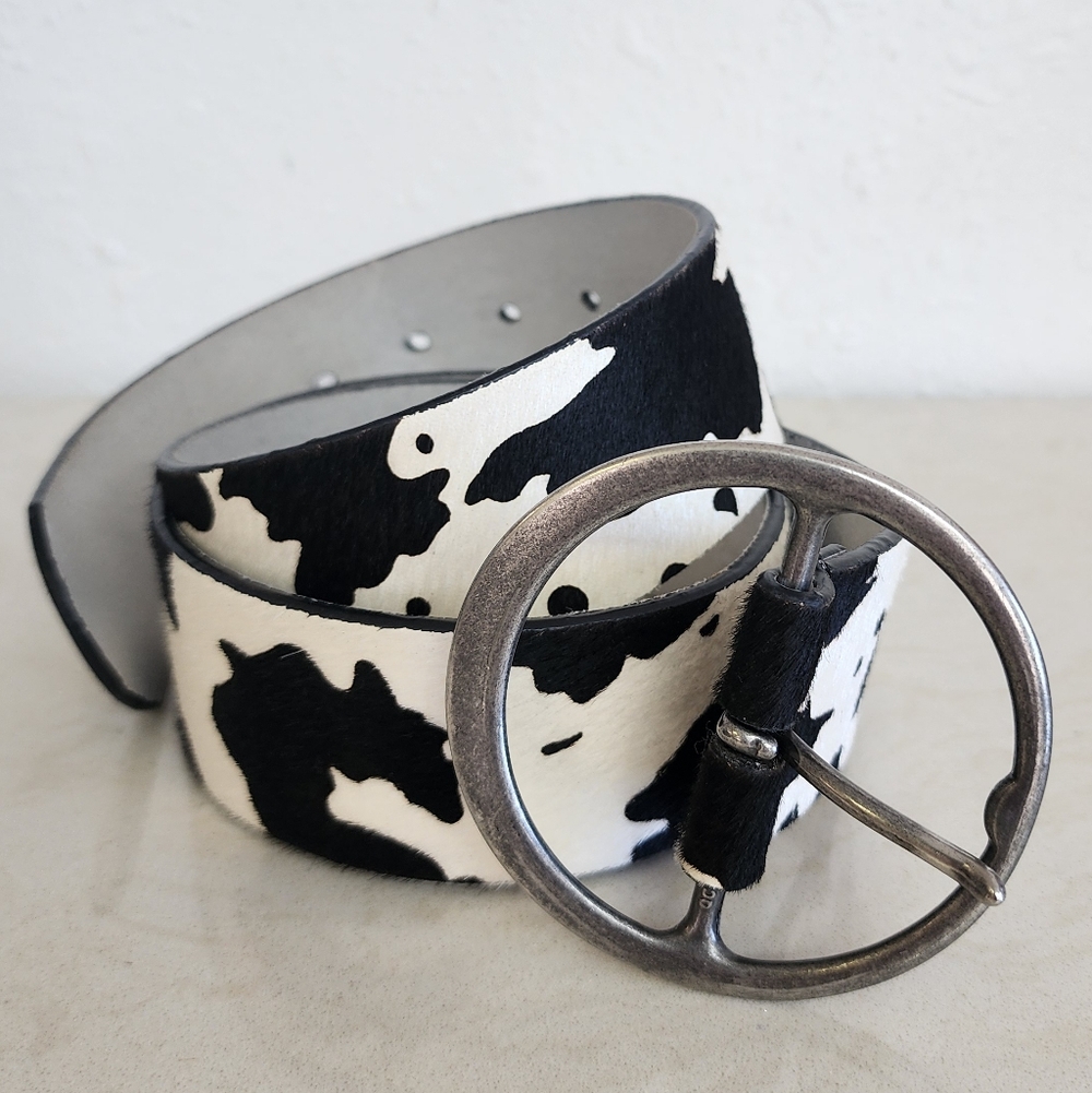 Western Genuine Cow Print Leather Belt with Round Silver Buckle NWOT - Picture 2 of 5